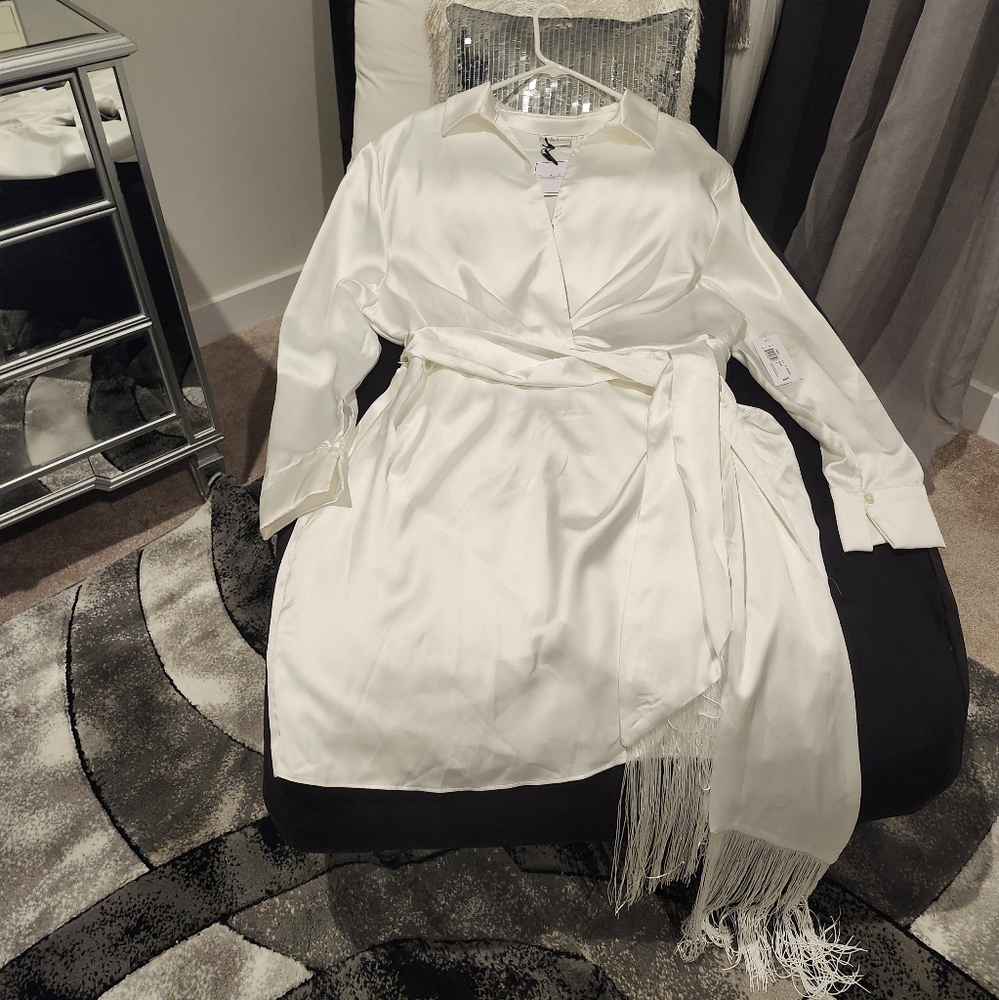 Premier White Silk Dress With Tassel Belt
